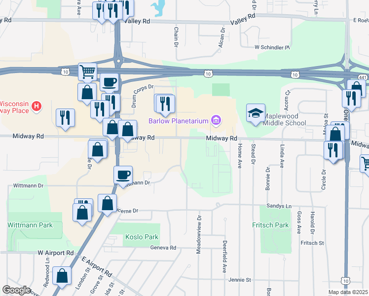 map of restaurants, bars, coffee shops, grocery stores, and more near 1425 University Drive in Menasha