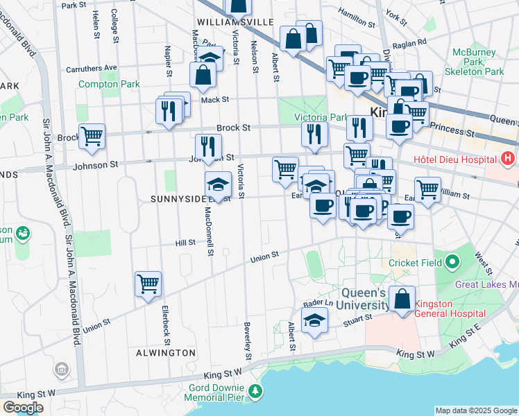map of restaurants, bars, coffee shops, grocery stores, and more near 245 Collingwood St in Kingston