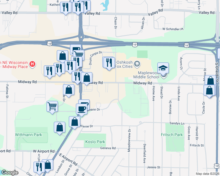 map of restaurants, bars, coffee shops, grocery stores, and more near 1377 Midway Road in Menasha
