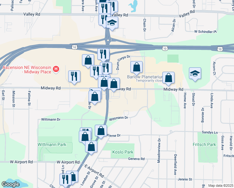 map of restaurants, bars, coffee shops, grocery stores, and more near 1233 Midway Road in Menasha