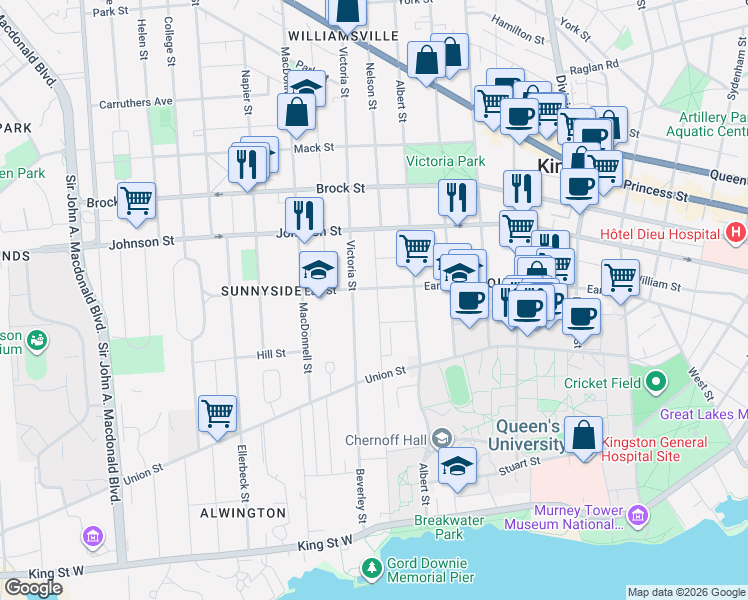 map of restaurants, bars, coffee shops, grocery stores, and more near 245 Collingwood Street in Kingston