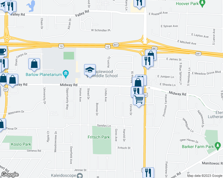 map of restaurants, bars, coffee shops, grocery stores, and more near 1701 Midway Road in Menasha