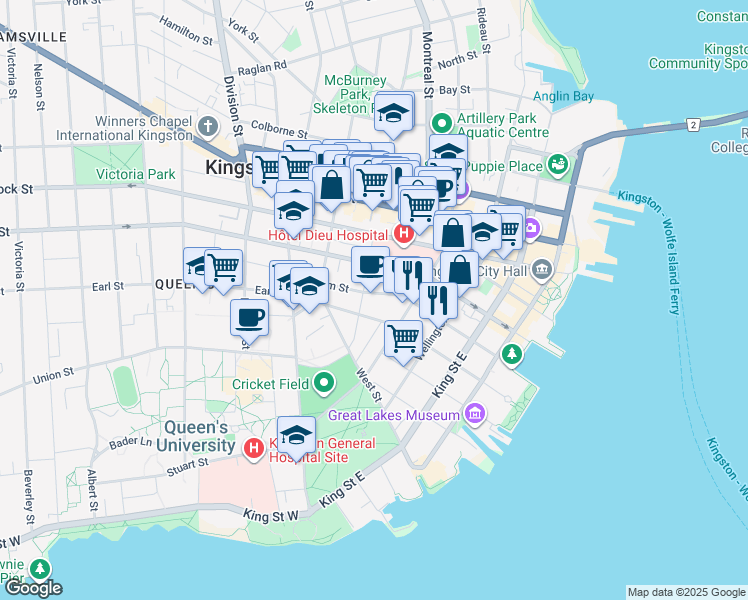 map of restaurants, bars, coffee shops, grocery stores, and more near 67 Sydenham Street in Kingston