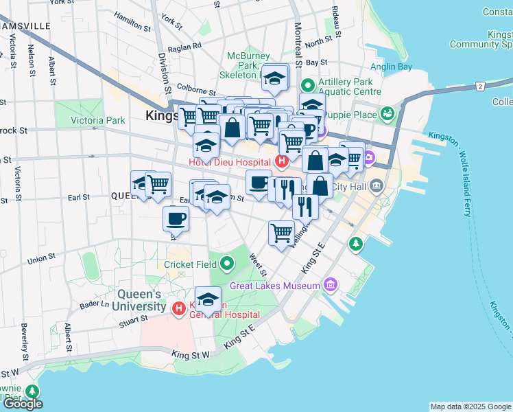 map of restaurants, bars, coffee shops, grocery stores, and more near 67 Sydenham Street in Kingston