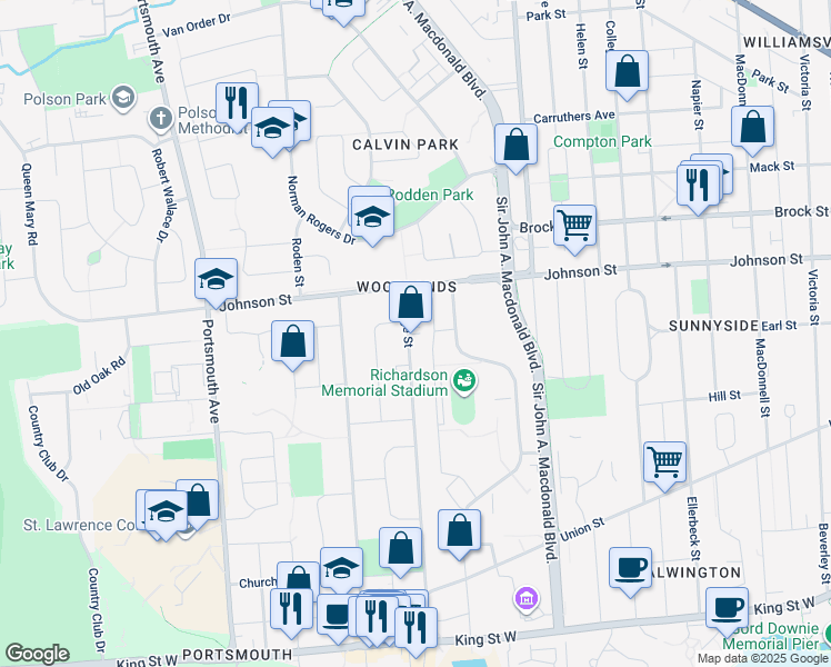 map of restaurants, bars, coffee shops, grocery stores, and more near 347 Yonge Street in Kingston