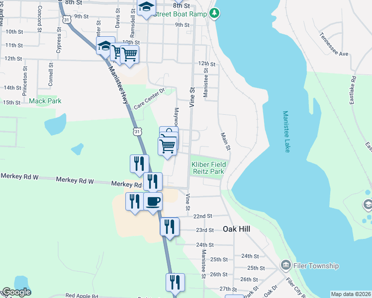 map of restaurants, bars, coffee shops, grocery stores, and more near 111-165 Park Ave in Manistee