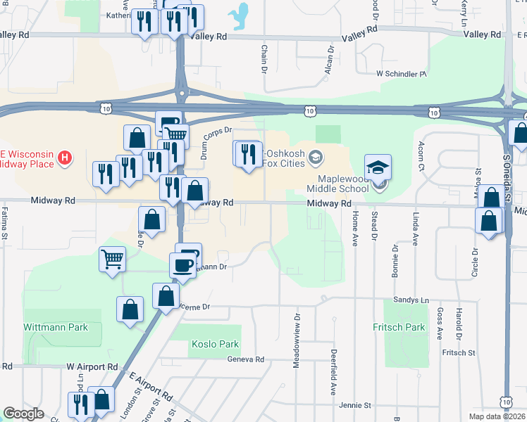 map of restaurants, bars, coffee shops, grocery stores, and more near 1377 Midway Road in Menasha