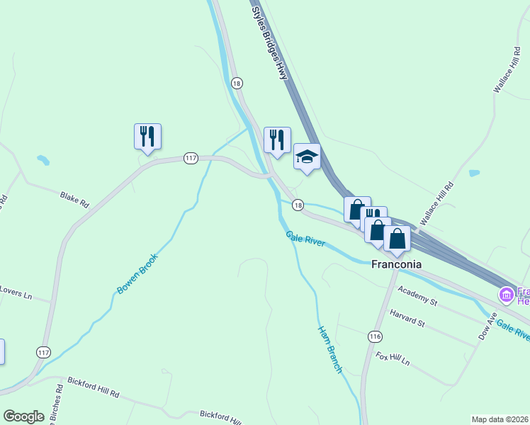 map of restaurants, bars, coffee shops, grocery stores, and more near 17 New Hampshire 117 in Franconia