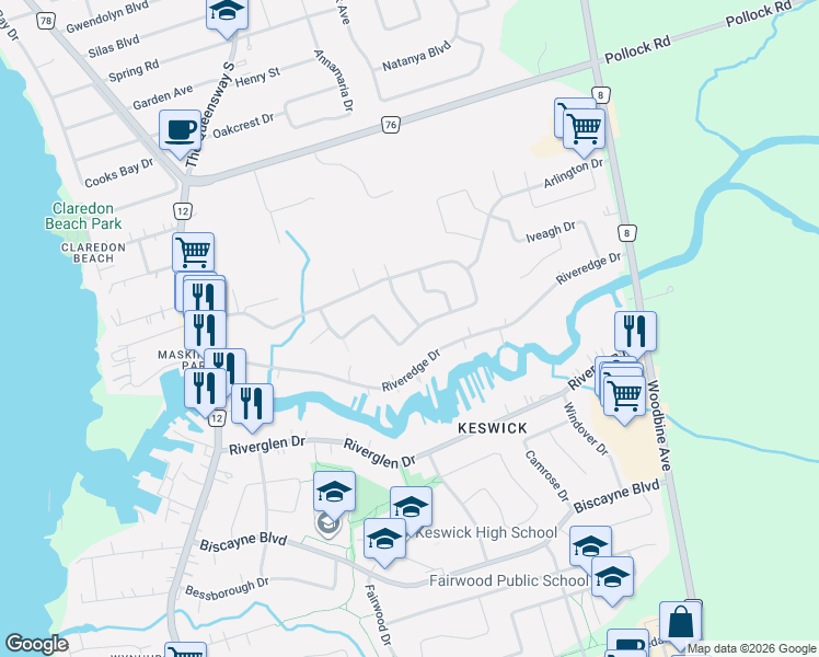 map of restaurants, bars, coffee shops, grocery stores, and more near 2 Whitestone Drive in Georgina