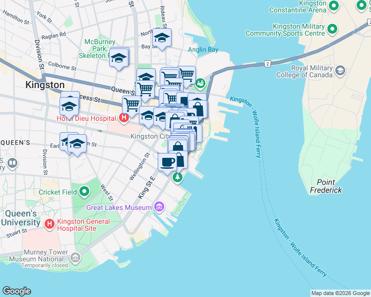 map of restaurants, bars, coffee shops, grocery stores, and more near 200 Ontario Street in Kingston