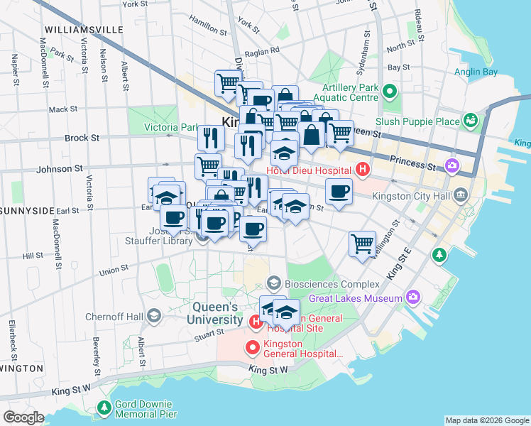 map of restaurants, bars, coffee shops, grocery stores, and more near 39 Clergy Street West in Kingston