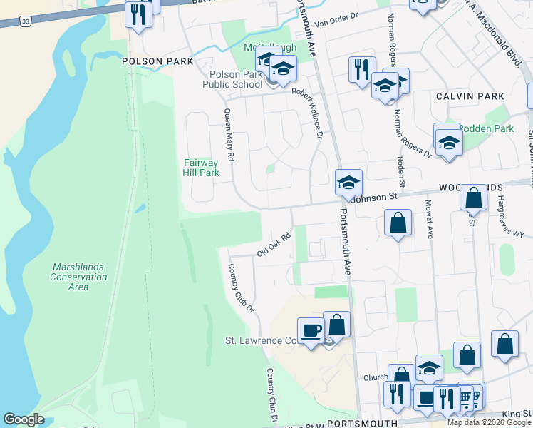 map of restaurants, bars, coffee shops, grocery stores, and more near 1244 Johnson Street in Kingston