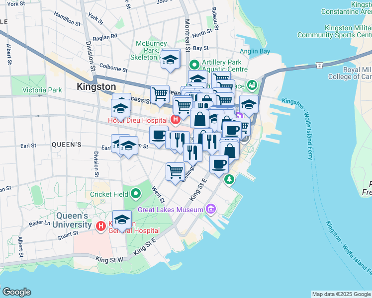 map of restaurants, bars, coffee shops, grocery stores, and more near 205 Bagot Street in Kingston