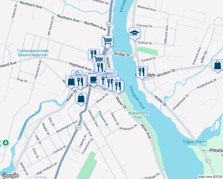 map of restaurants, bars, coffee shops, grocery stores, and more near 164 Water Street in Gardiner