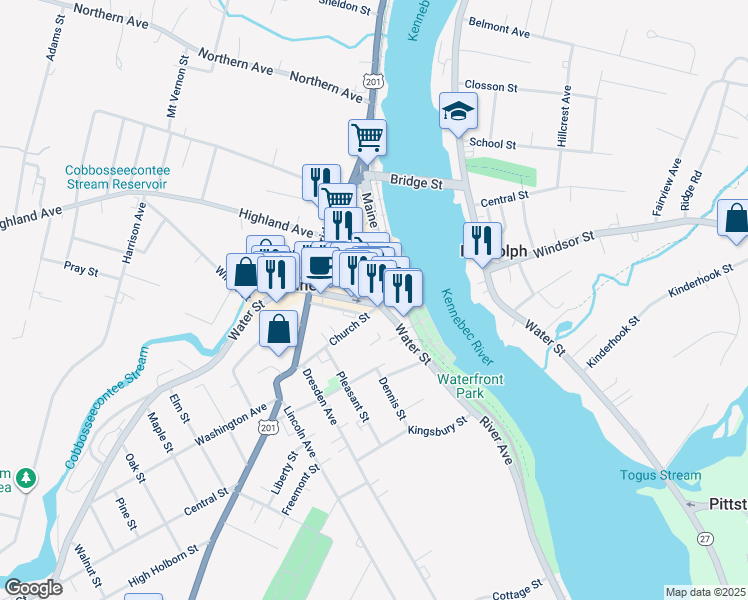 map of restaurants, bars, coffee shops, grocery stores, and more near 8 Mechanic Street in Gardiner