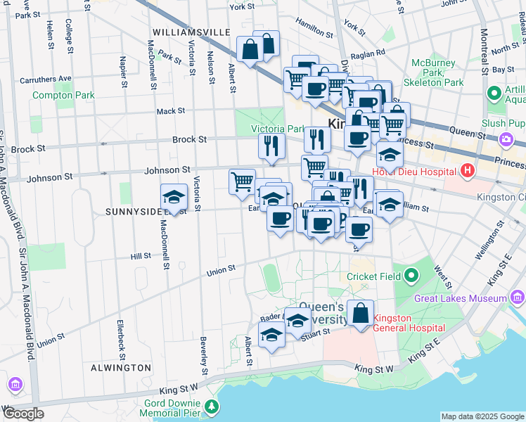 map of restaurants, bars, coffee shops, grocery stores, and more near 252 Frontenac Street in Kingston