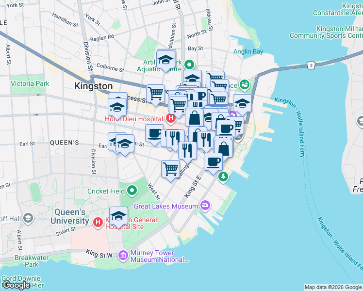 map of restaurants, bars, coffee shops, grocery stores, and more near 205 Bagot Street in Kingston