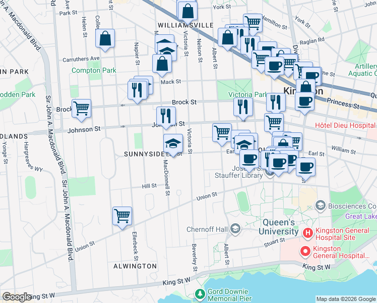map of restaurants, bars, coffee shops, grocery stores, and more near 276 Victoria Street in Kingston