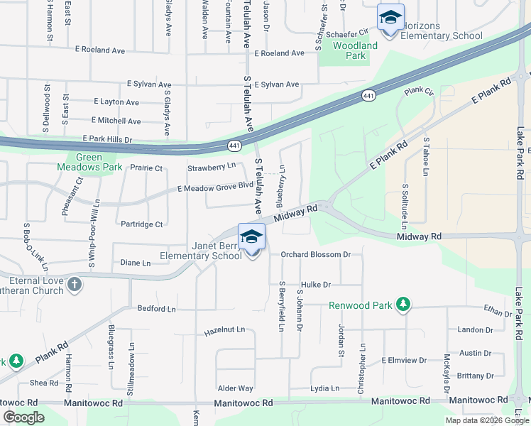 map of restaurants, bars, coffee shops, grocery stores, and more near 3316 South Telulah Avenue in Appleton