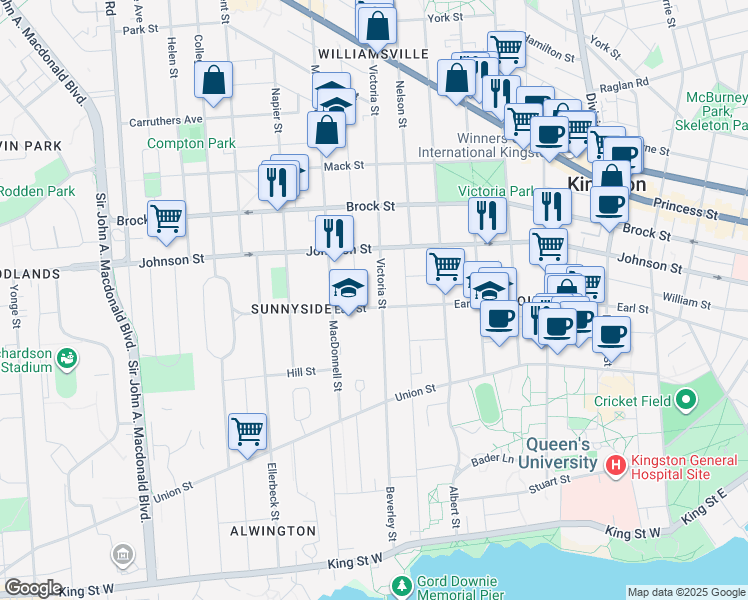 map of restaurants, bars, coffee shops, grocery stores, and more near 280 Victoria Street in Kingston