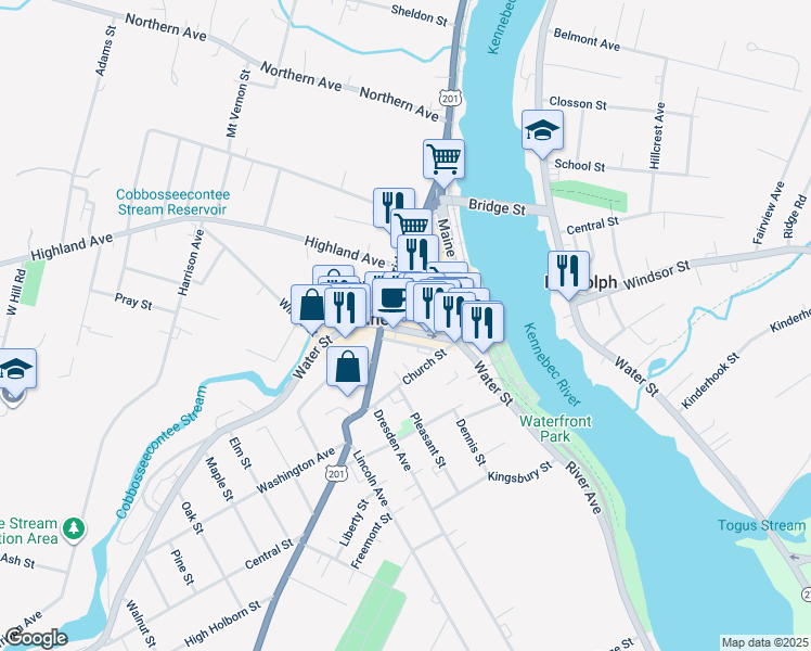 map of restaurants, bars, coffee shops, grocery stores, and more near 17 Bridge Street in Gardiner