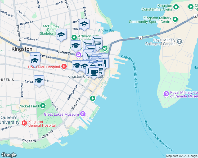 map of restaurants, bars, coffee shops, grocery stores, and more near 216 Ontario Street in Kingston