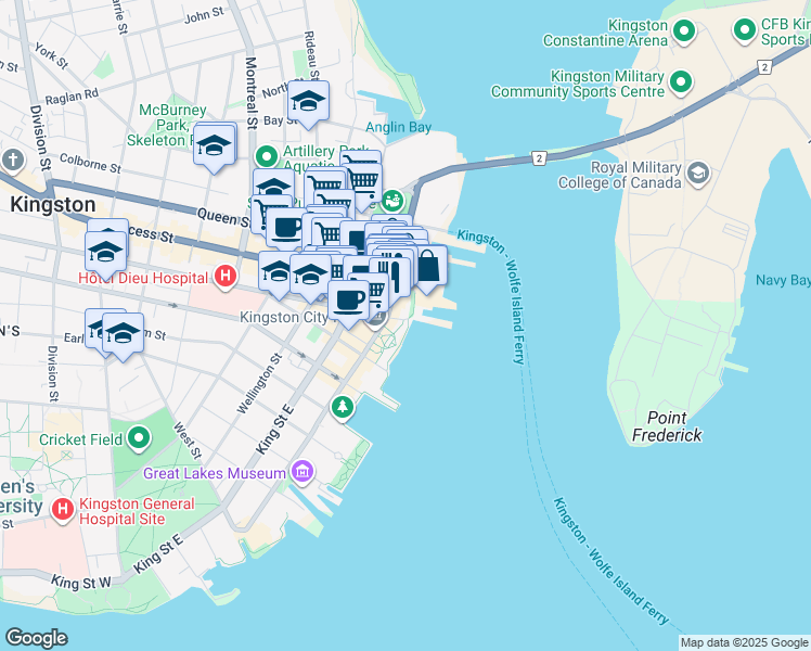 map of restaurants, bars, coffee shops, grocery stores, and more near 1 Brock Street in Kingston