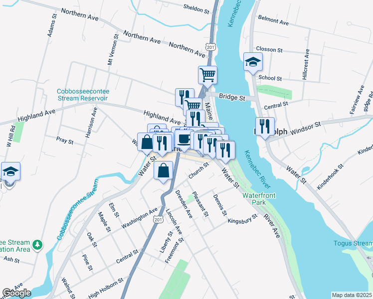 map of restaurants, bars, coffee shops, grocery stores, and more near 17 Bridge Street in Gardiner