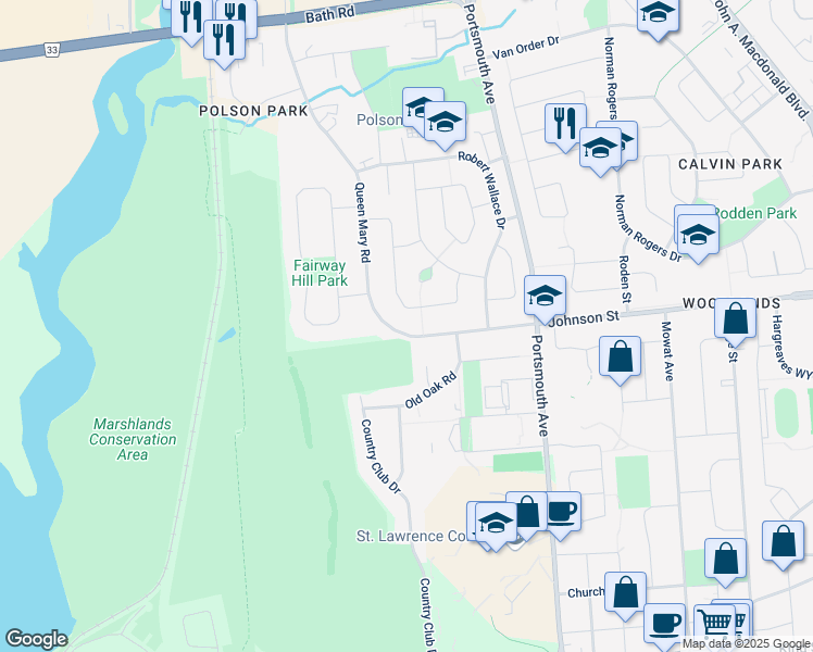 map of restaurants, bars, coffee shops, grocery stores, and more near 7 Queen Mary Road in Kingston