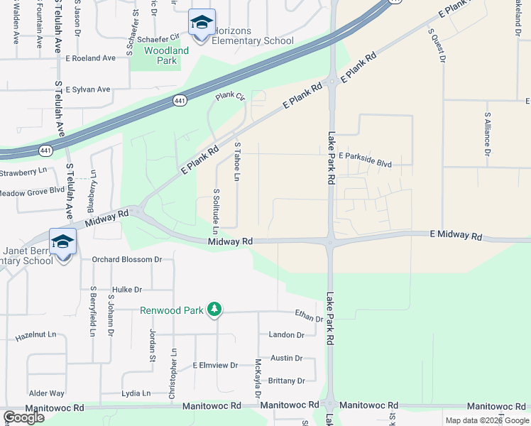 map of restaurants, bars, coffee shops, grocery stores, and more near 3300 South Tahoe Lane in Appleton