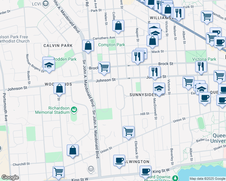 map of restaurants, bars, coffee shops, grocery stores, and more near 184 Churchill Crescent in Kingston