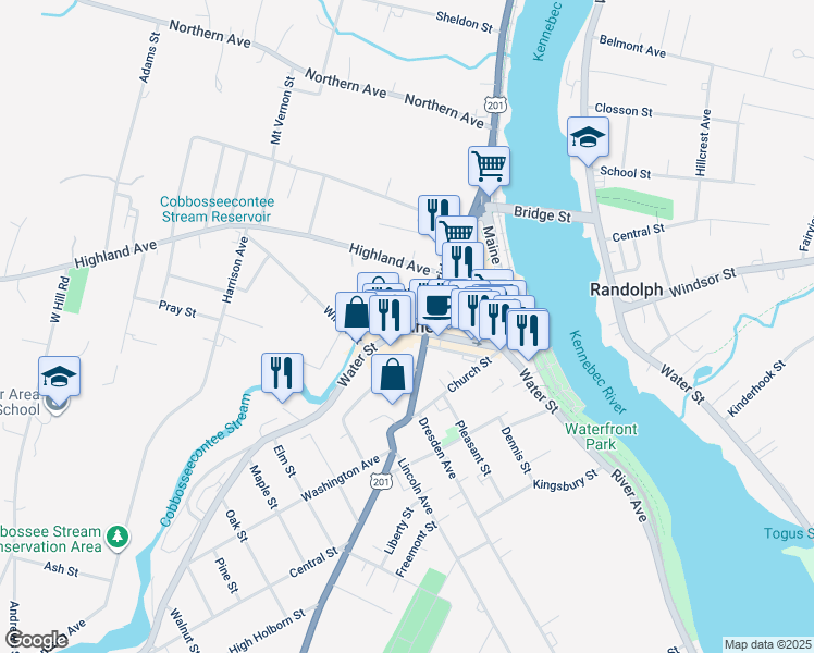 map of restaurants, bars, coffee shops, grocery stores, and more near in Gardiner