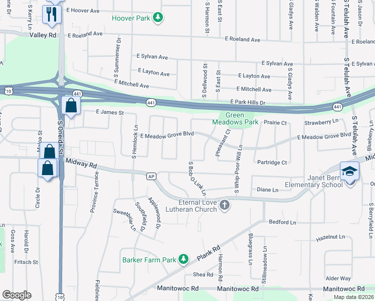 map of restaurants, bars, coffee shops, grocery stores, and more near 3316 South Scarlet Oak Lane in Appleton