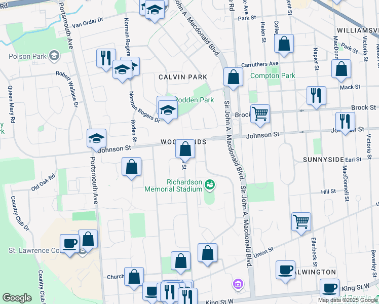 map of restaurants, bars, coffee shops, grocery stores, and more near 395 Yonge Street in Kingston