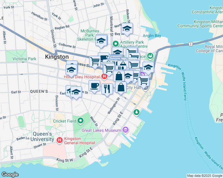 map of restaurants, bars, coffee shops, grocery stores, and more near 212 Bagot Street in Kingston