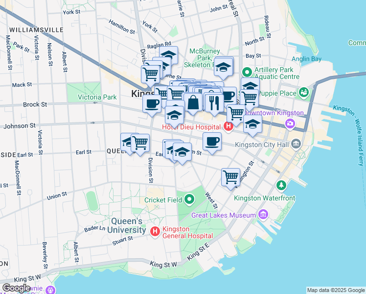 map of restaurants, bars, coffee shops, grocery stores, and more near 56 Clergy Street East in Kingston