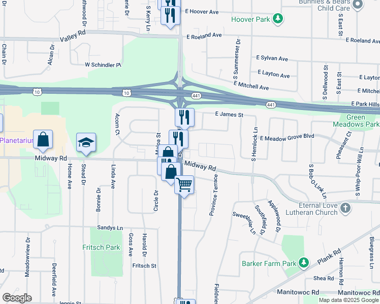map of restaurants, bars, coffee shops, grocery stores, and more near 106 Primrose Lane in Appleton
