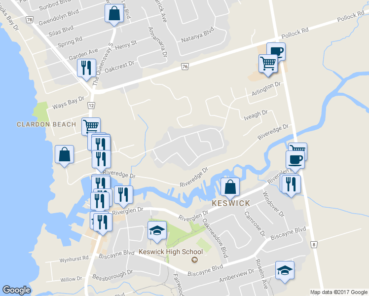 map of restaurants, bars, coffee shops, grocery stores, and more near 14 Whitestone Drive in Georgina