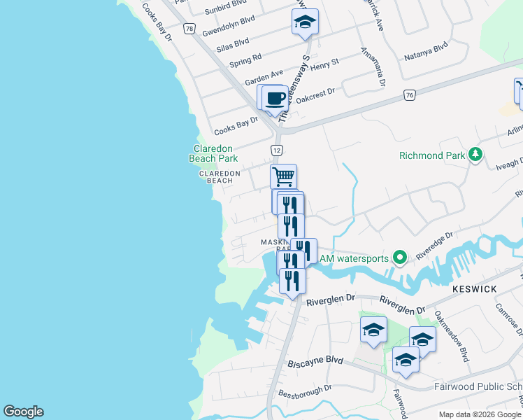 map of restaurants, bars, coffee shops, grocery stores, and more near 196 South Channel Drive in Georgina