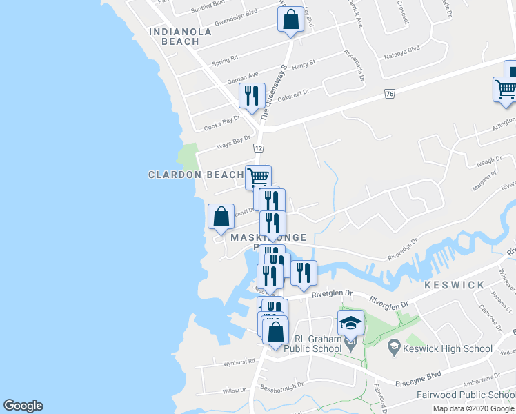 map of restaurants, bars, coffee shops, grocery stores, and more near 194 South Channel Drive in Georgina