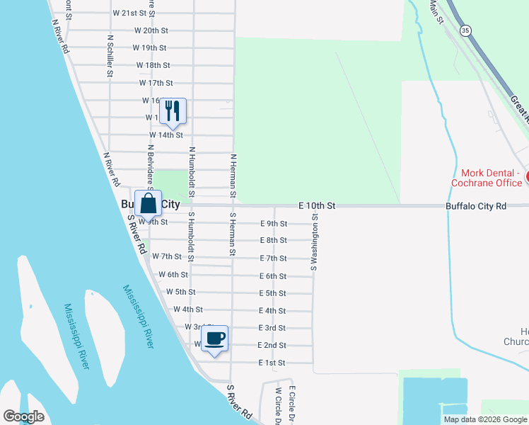 map of restaurants, bars, coffee shops, grocery stores, and more near 57 East 10th Street in Buffalo City