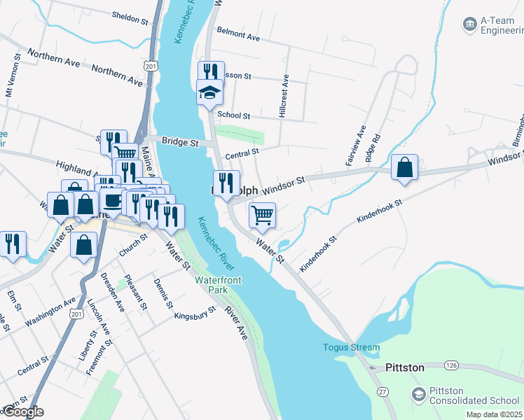 map of restaurants, bars, coffee shops, grocery stores, and more near 12 South Maple Street in Randolph