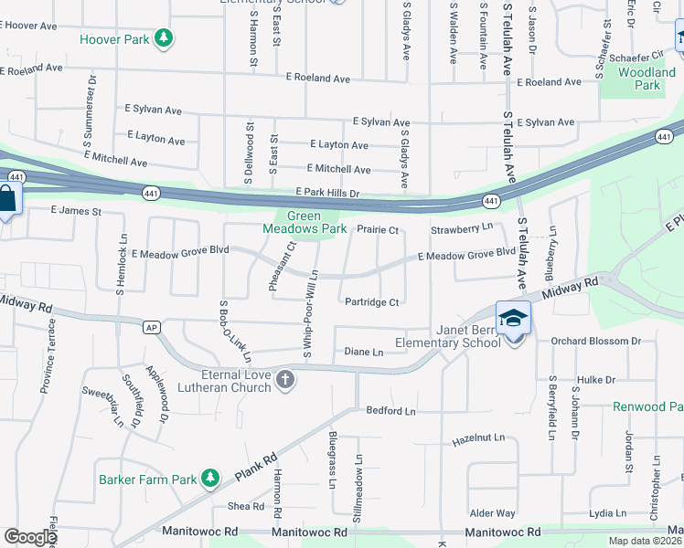 map of restaurants, bars, coffee shops, grocery stores, and more near 94 Prairie Court in Appleton