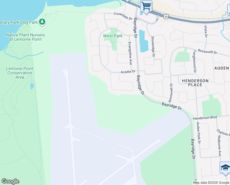 map of restaurants, bars, coffee shops, grocery stores, and more near 605 Barnsley Crescent in Kingston