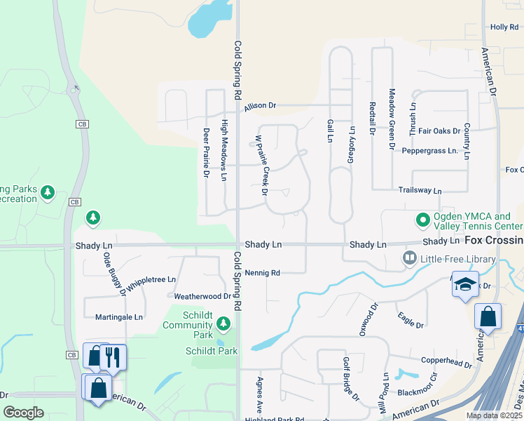 map of restaurants, bars, coffee shops, grocery stores, and more near 1028 South Prairie Creek Drive in Neenah