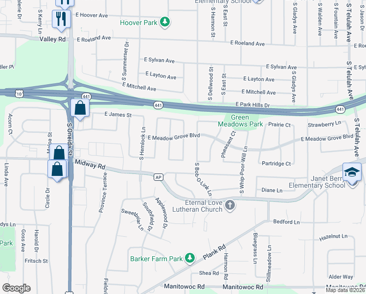 map of restaurants, bars, coffee shops, grocery stores, and more near 3316 South Scarlet Oak Lane in Appleton