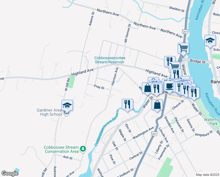 map of restaurants, bars, coffee shops, grocery stores, and more near 57 Harrison Avenue in Gardiner