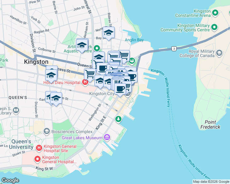 map of restaurants, bars, coffee shops, grocery stores, and more near 68 Brock Street in Kingston