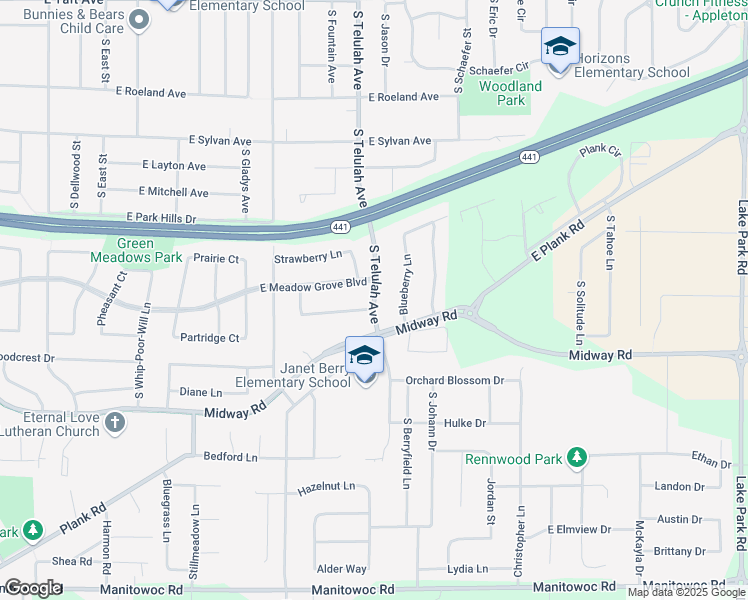 map of restaurants, bars, coffee shops, grocery stores, and more near 3601 South Telulah Avenue in Appleton