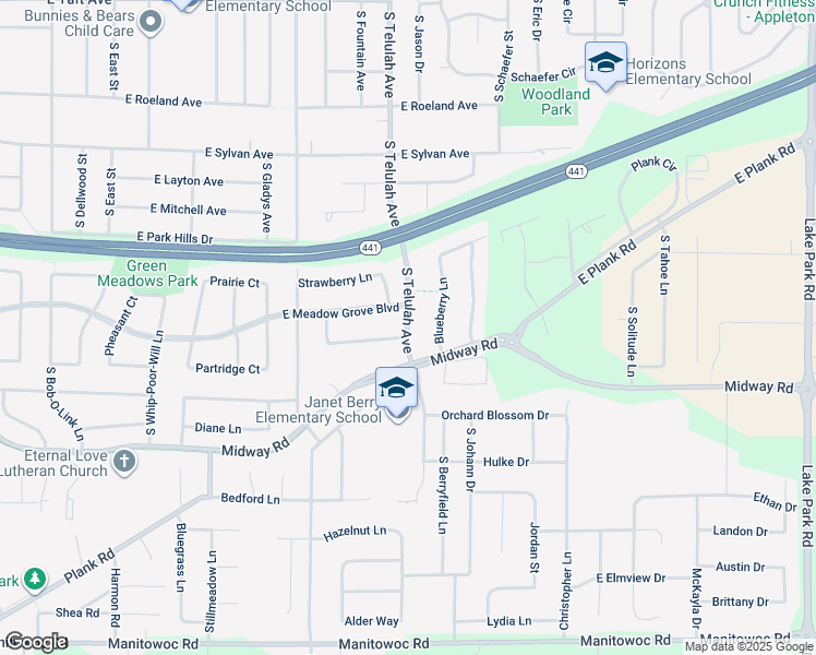 map of restaurants, bars, coffee shops, grocery stores, and more near 3601 South Telulah Avenue in Appleton
